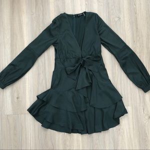 Emerald Green Jacquard Dress with Bow Detail